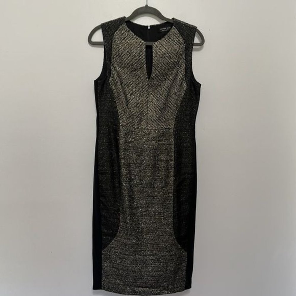 Joeffer Caoc Gold Tweed V-Neck Sleeveless Pencil Midi Dress Size 4